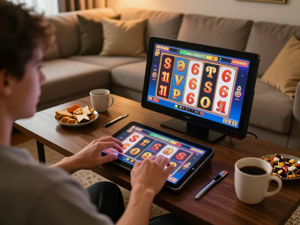 Engaging with situs slot gacor on a tablet at home, enjoying vibrant gaming experience