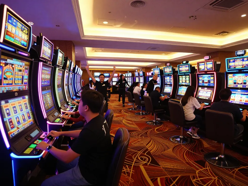 Experience the excitement of situs slot gacor with players engaged in colorful slot machines.