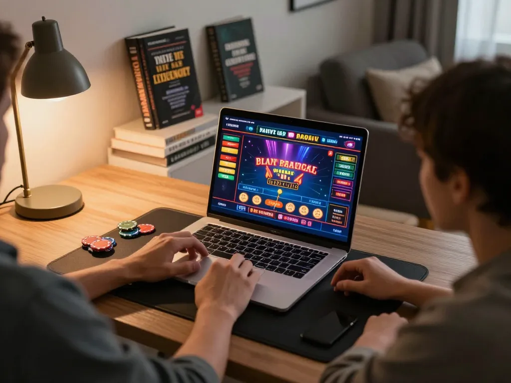 Engaging in casino senza licenza aams game strategy at home with a laptop screen showing vibrant gameplay.