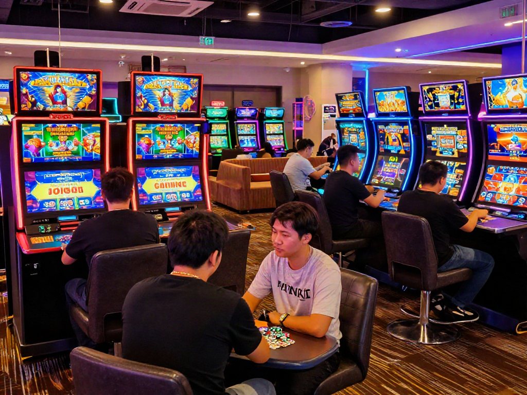 situs casino online vibrant gaming scene with players and colorful displays