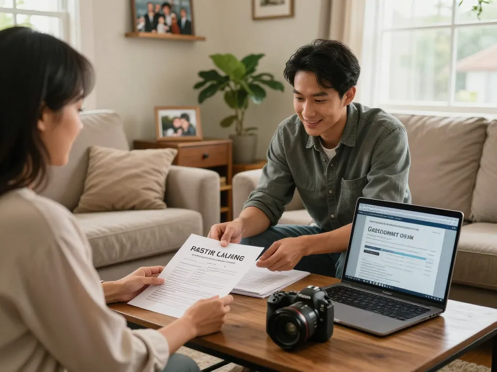 Engaging scene with cash home buyers discussing offers in a welcoming living room.