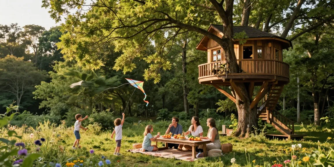 Family enjoying picnic at treehouses among lush trees in a serene forest.