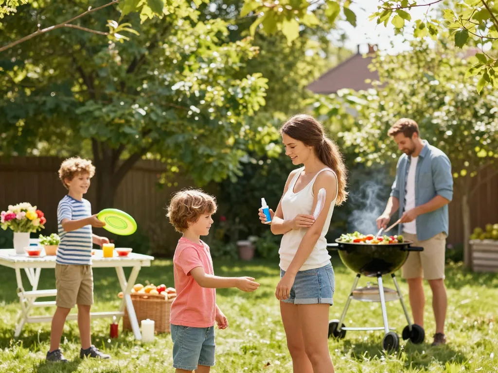 Family applying mosquito repellent while enjoying a backyard barbecue in summer.