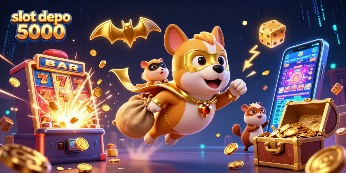 Experience thrills with slot depo 5000, featuring a heroic dog, gold treasures, and vibrant gaming elements.