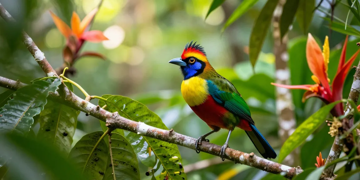 Colorful rokok88 bird perched in a lush rainforest, showcasing unique features and vibrant surroundings.