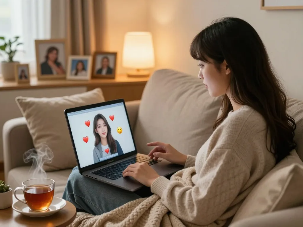 AI girlfriend chat scene showcasing a cozy home atmosphere with heart emojis on screen.