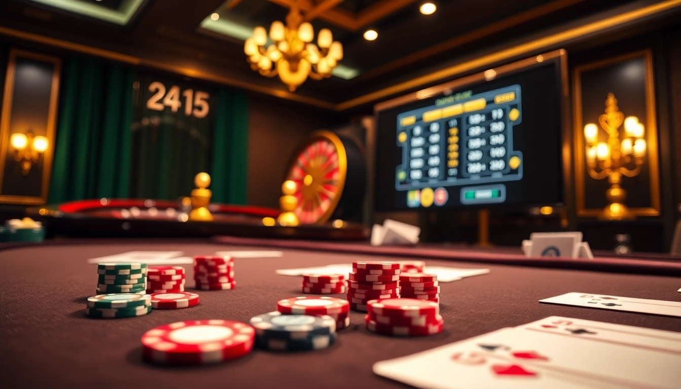 Découvrez l'excitation du casino en ligne France avec une scène de poker virtuel luxueuse et des jeux de casino.