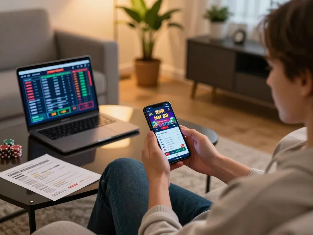 Engaged player using MM 88 app on smartphone for strategic gambling in a cozy home.
