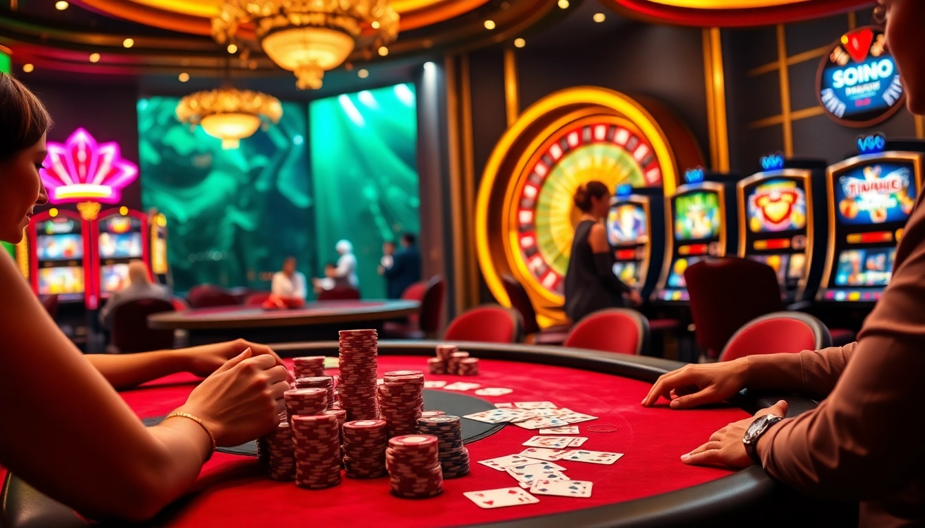 SODO Casino scene featuring poker players betting at an elegant table with vibrant slot machines and roulette.
