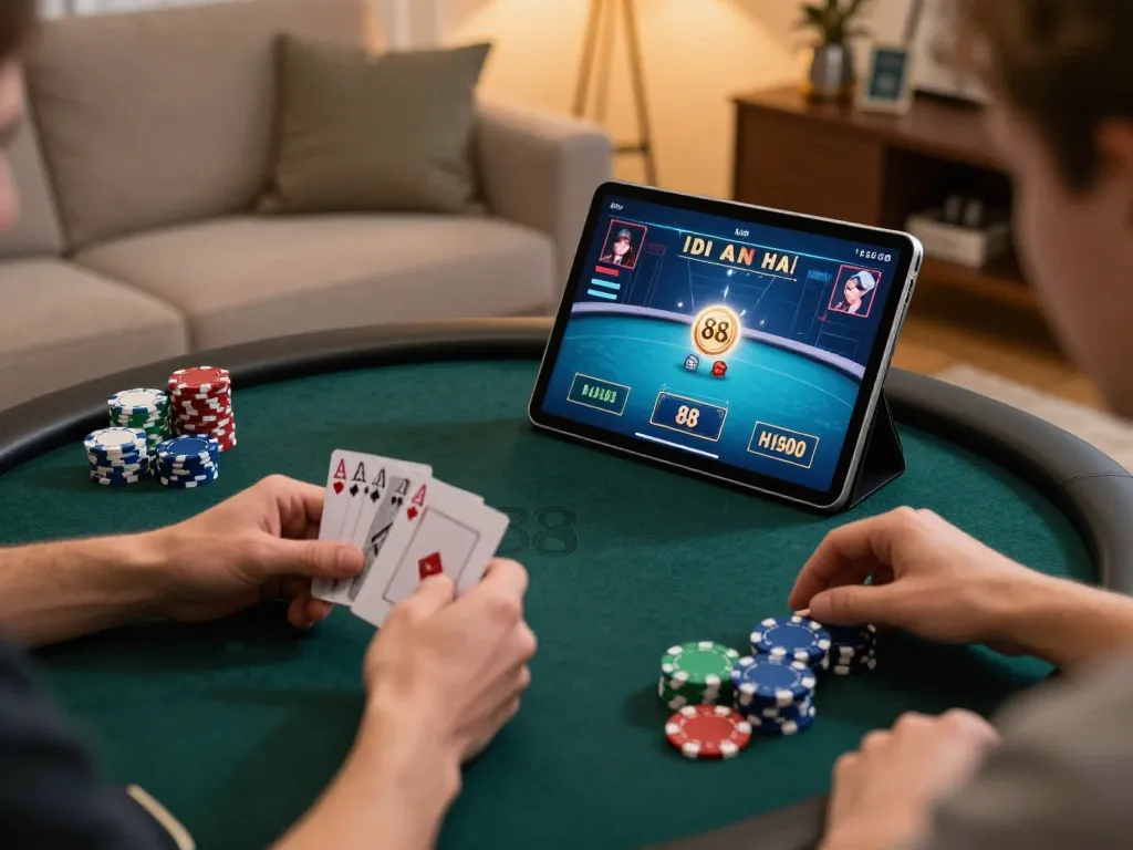 Engaged player selecting w 88 poker chips during an online gaming session on tablet in cozy home setting.