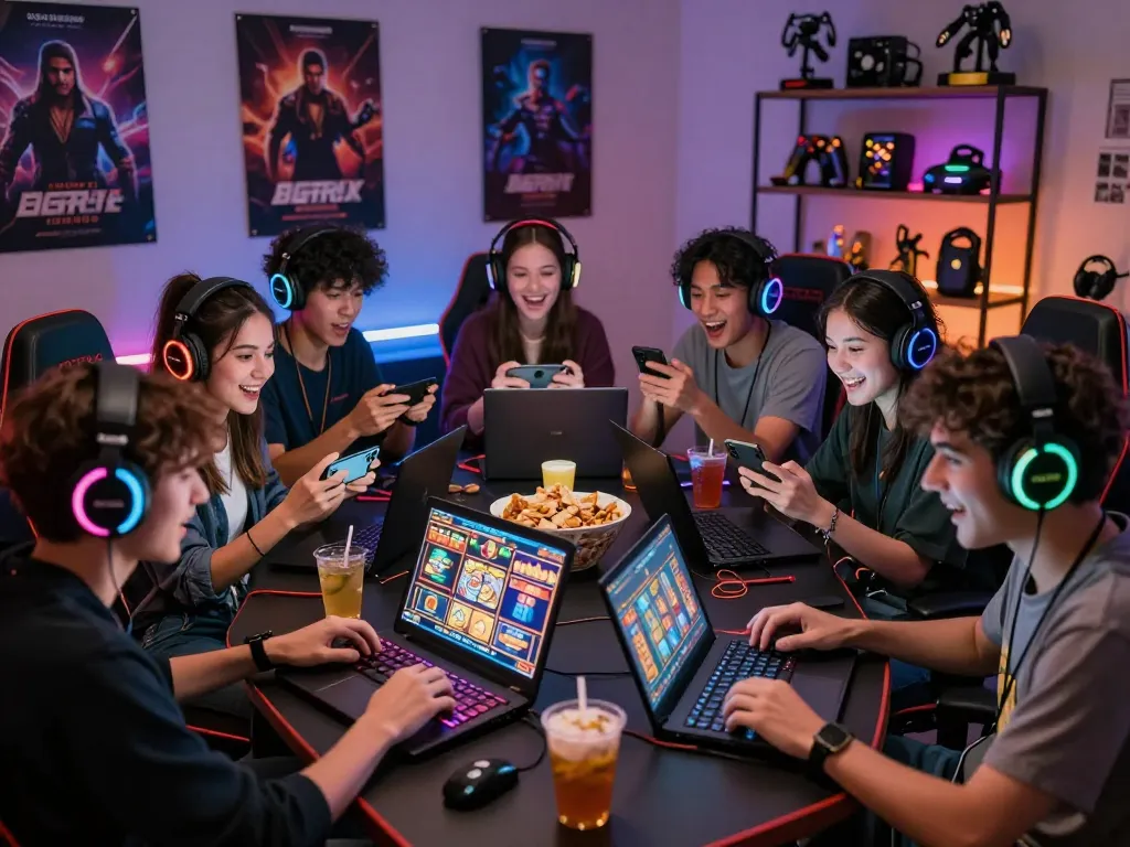 Teman-teman yang bersemangat menikmati permainan slot laoban188 bersama di ruang permainan yang ramai