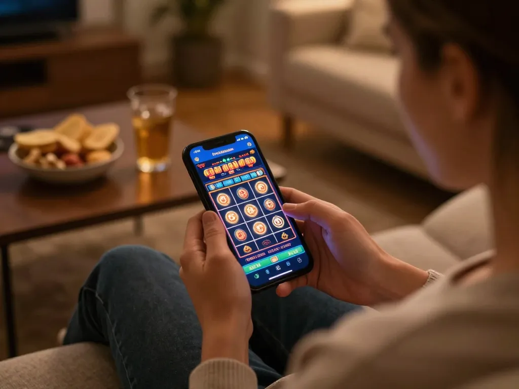 Enjoying a mobile app for casinò online europei with snacks and drinks in a cozy home environment.