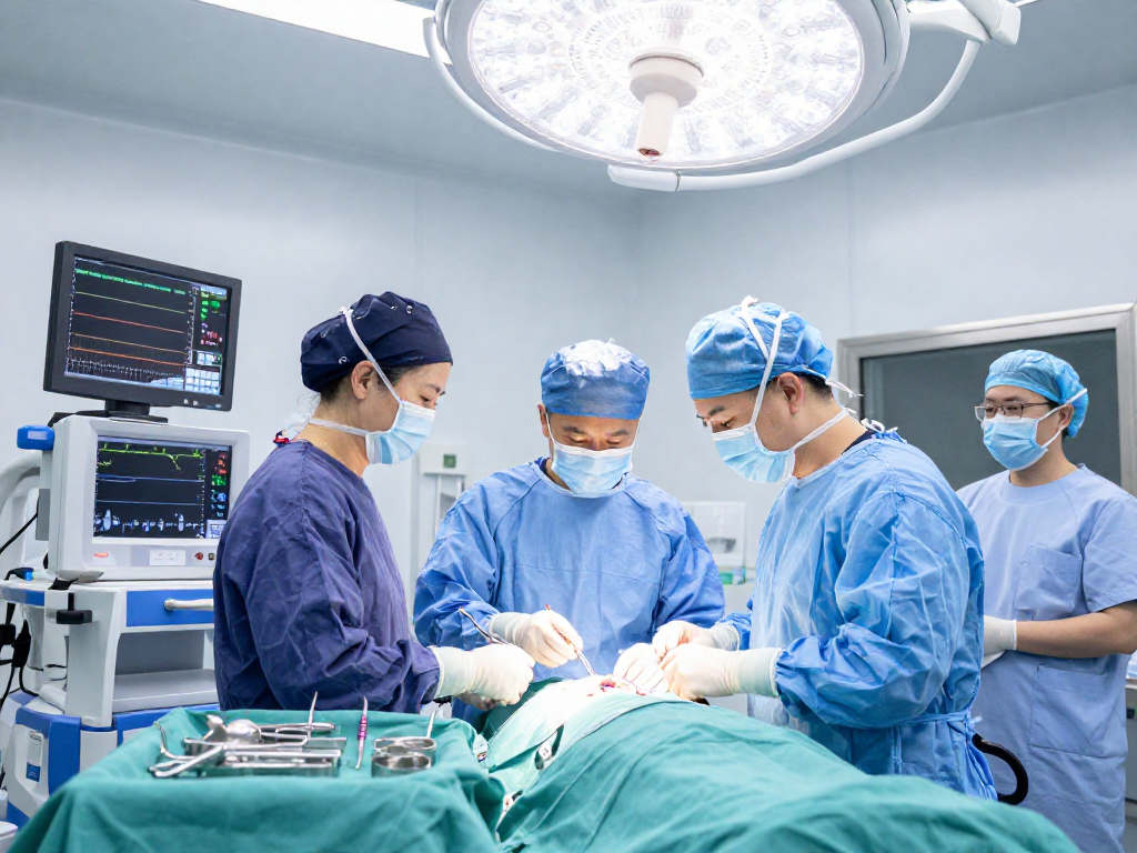 Beyin tümörü ameliyatı in a modern surgical room, showcasing neurosurgeons and advanced medical equipment, highlighting patient safety.