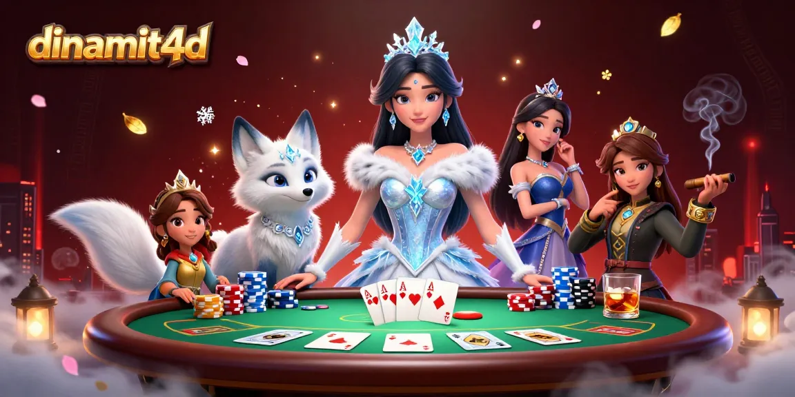 Experience thrilling gameplay with dinamit4d in a vibrant illustration of an ice queen and arctic fox at the poker table.