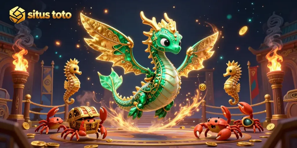 Engage in situs toto with an emerald sea dragon and royal seahorse in this vibrant casino scene.