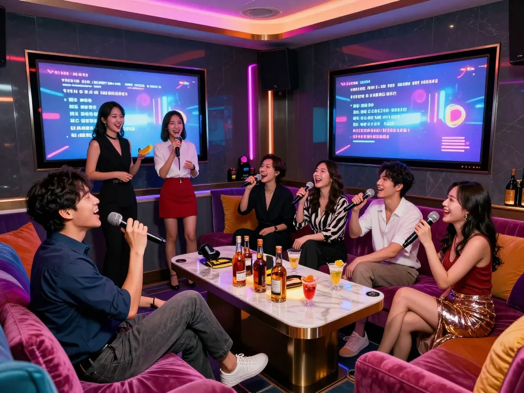 Dynamic nightlife experience at www.gangnamtune.com karaoke bar with friends singing and enjoying luxury.