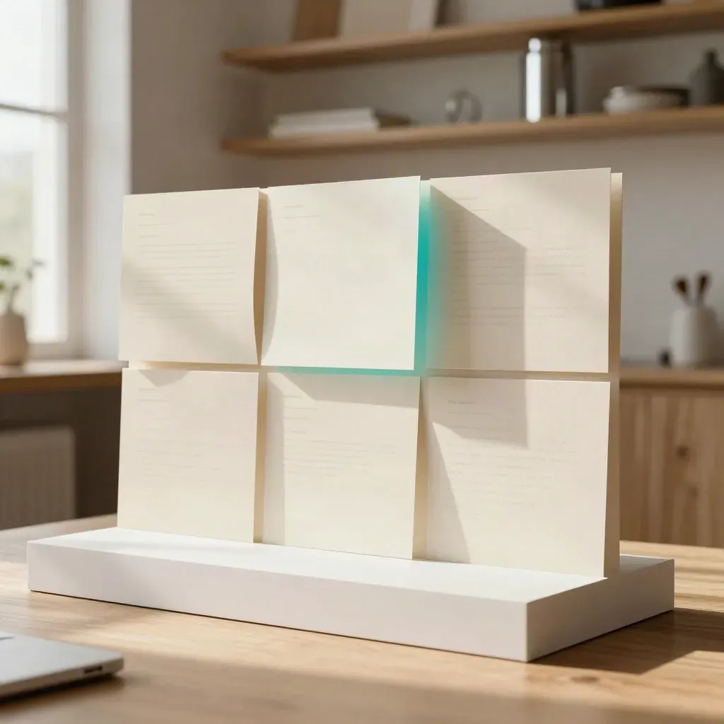 Sunlit website mockup wall with layered cards, folded panels, and a launch pedestal.