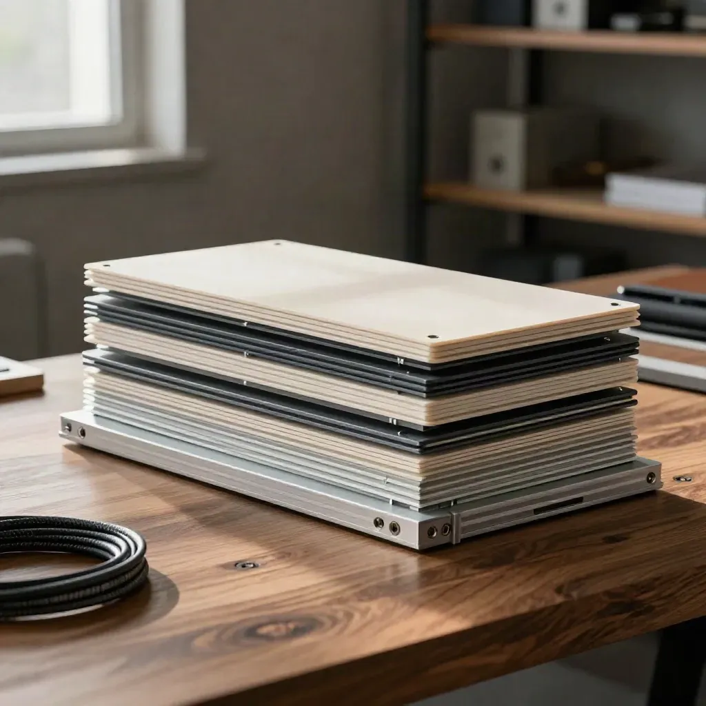 Front-end build components arranged as a premium physical interface stack on a walnut bench.