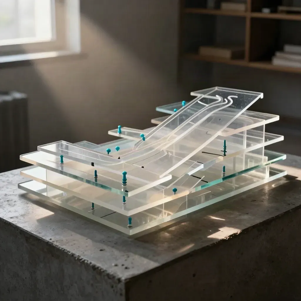 Transparent journey-map sculpture with cyan reroute pins on a dark concrete plinth in dramatic light