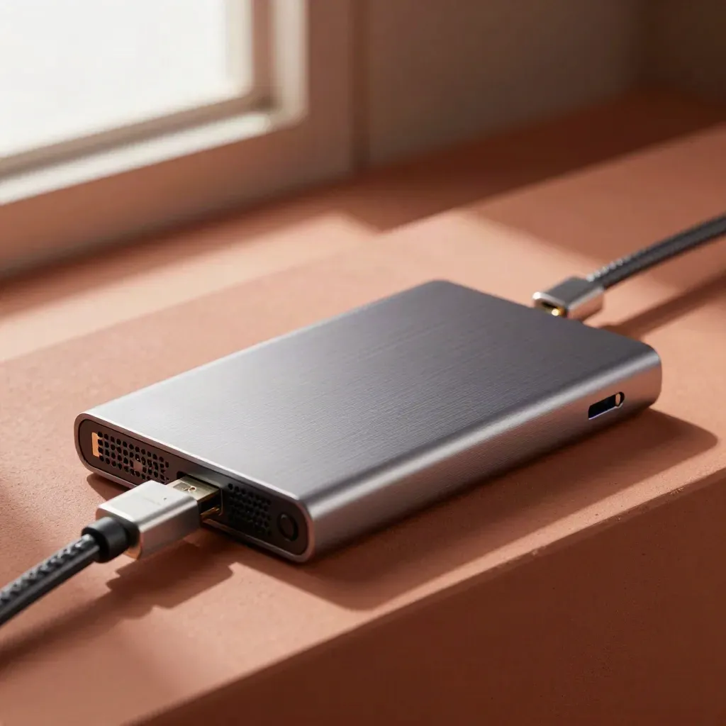 Macro of an SSD, vent, cable comb and tiny network node on a terracotta studio surface.