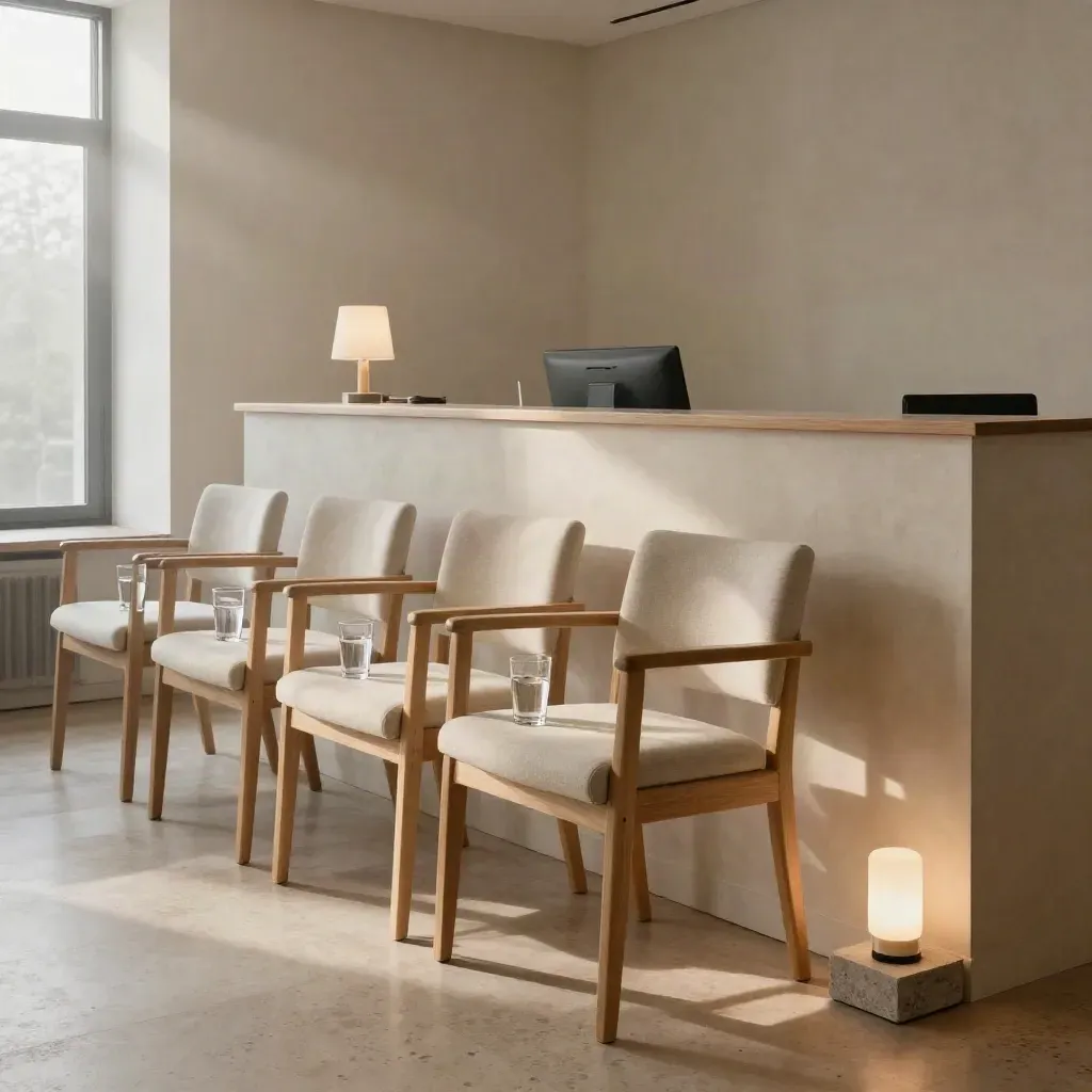 Warm coaching studio reception with six chairs, water glasses, and a glowing welcome lamp