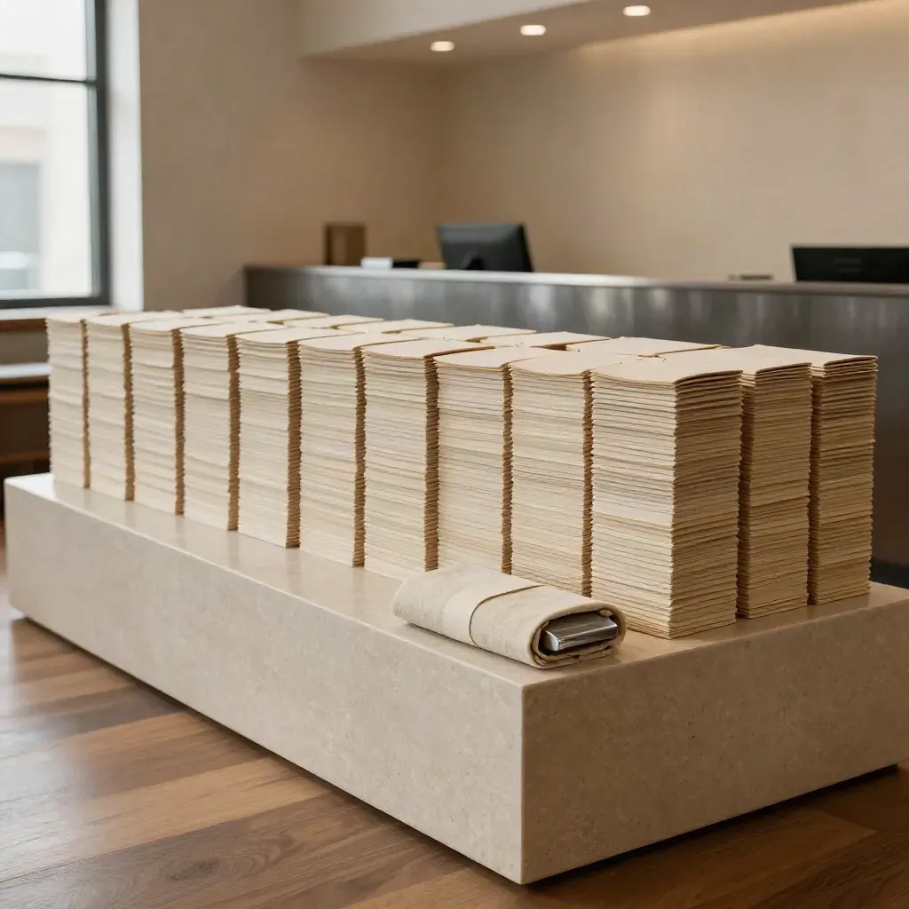 Travertine pedestal with stacked launch kits in a warm, empty lobby at sunset.