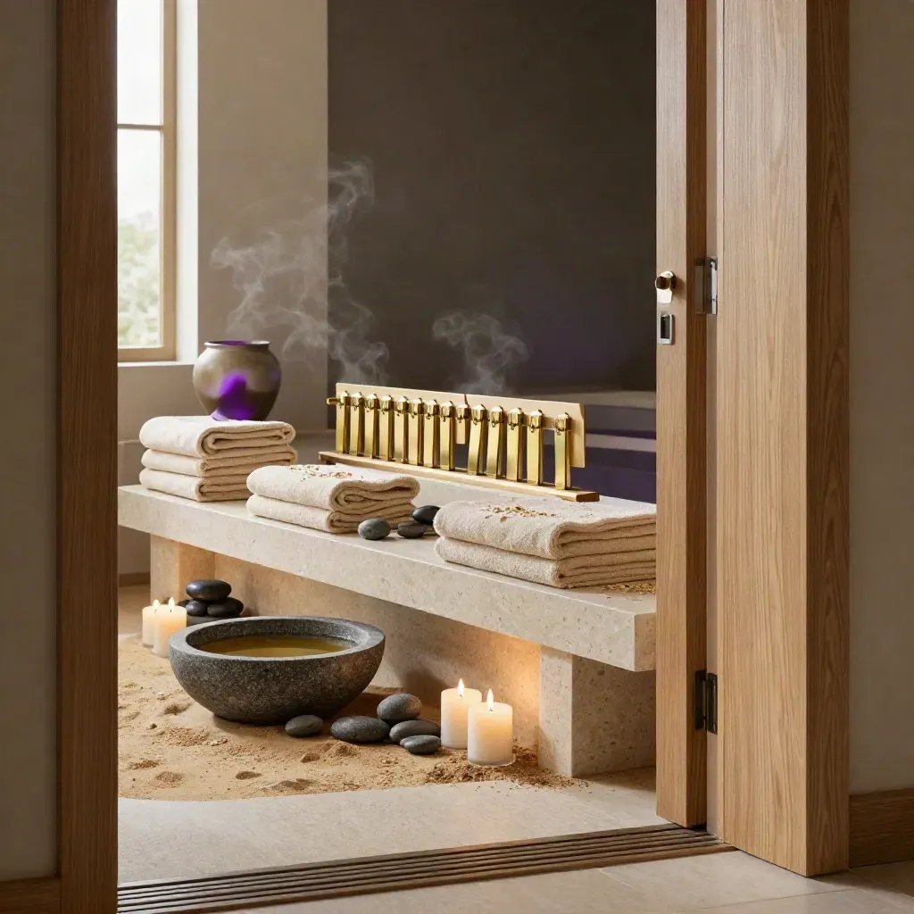 Spa entry with towels, stone bowls, candles, and inward-facing booking pegs in soft steam.
