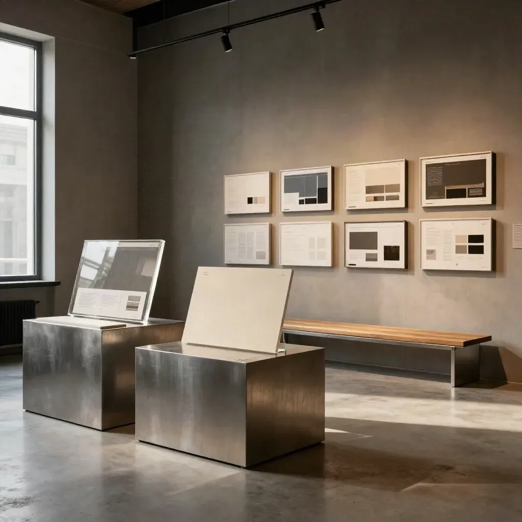 Gallery of finished web design samples on pedestals in a modern studio
