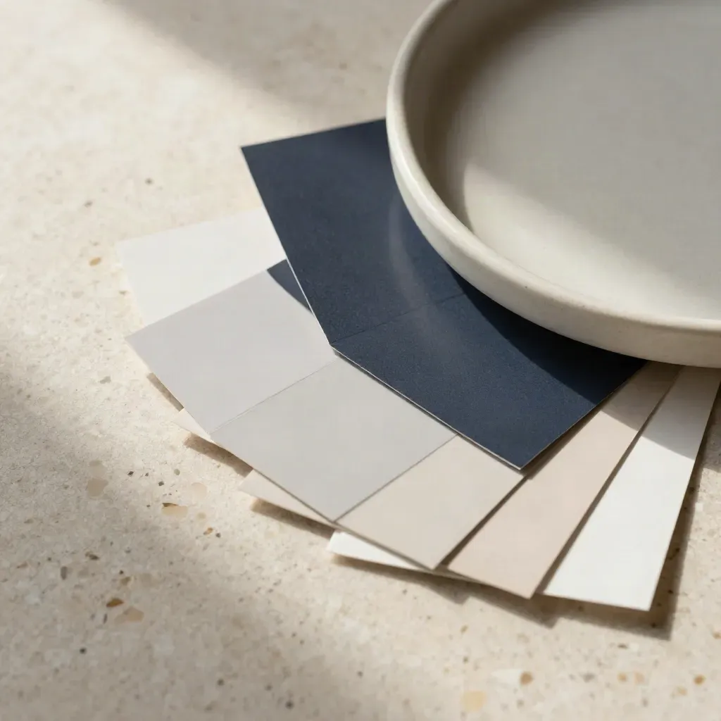 Top-down macro of design swatches, acetate overlays, and a ceramic chip tray on travertine.