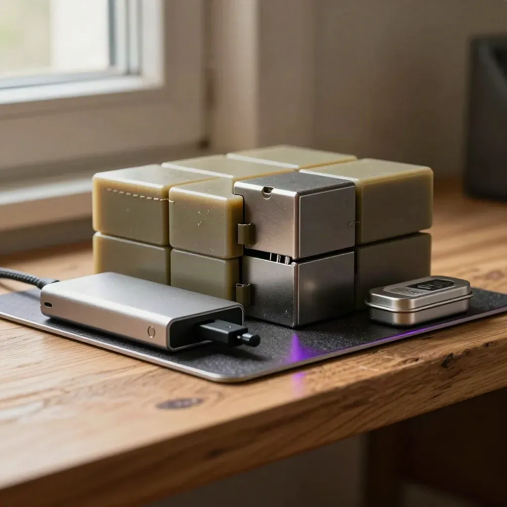 Modular blocks, backup drive and plugin tin on a worn shelf with soft violet light.