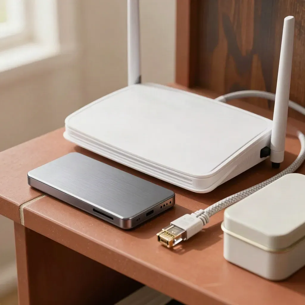 Macro of router, SSD, coiled cable and maintenance tin on a terracotta shelf.
