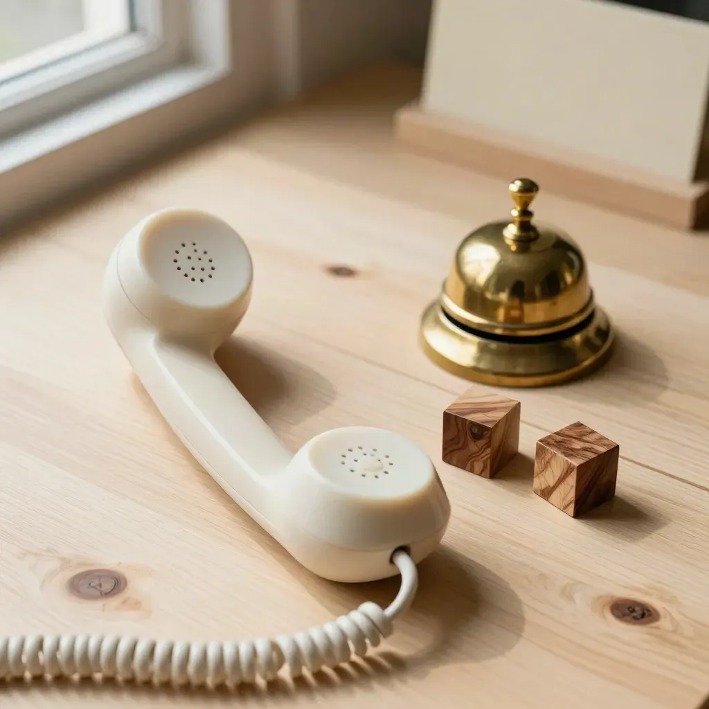 Top-down still life of a handset, brass bell, timer cubes, and wooden token on pale oak