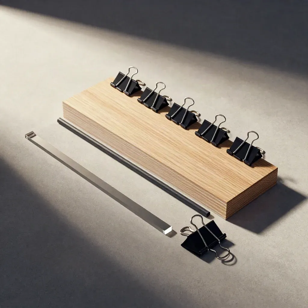 Wooden page blocks, translucent spacers, and binder clips mapped on cool concrete.