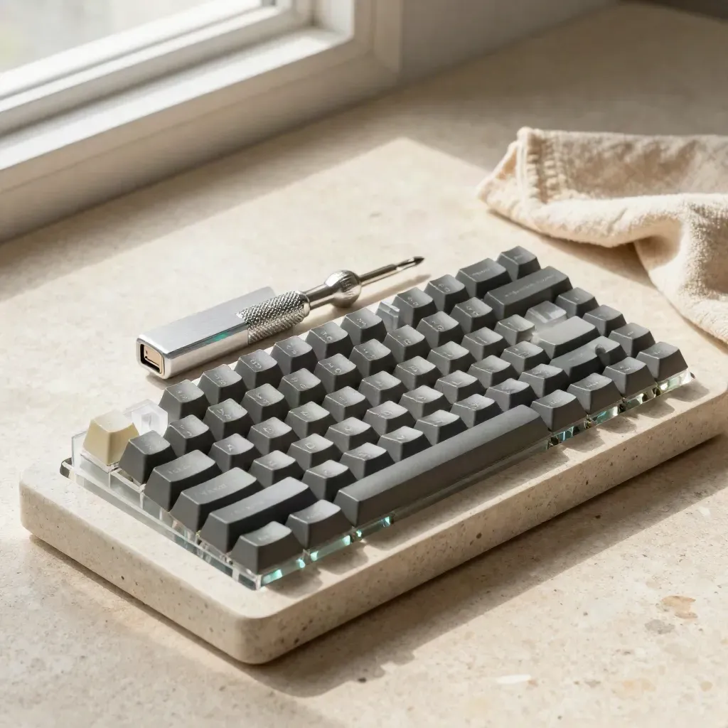 Keyboard cluster with USB-C hub, screwdriver and interface tiles on a stone tray