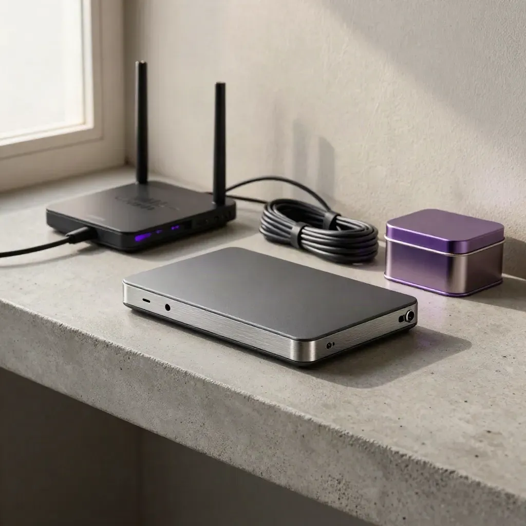 Graphite backup drive, router, cable coil and maintenance tin on a concrete shelf.