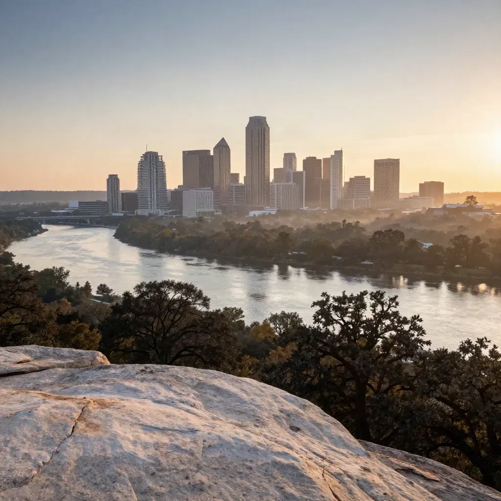 Austin skyline from Mount Bonnell at sunrise with river bend low and haze over the towers.