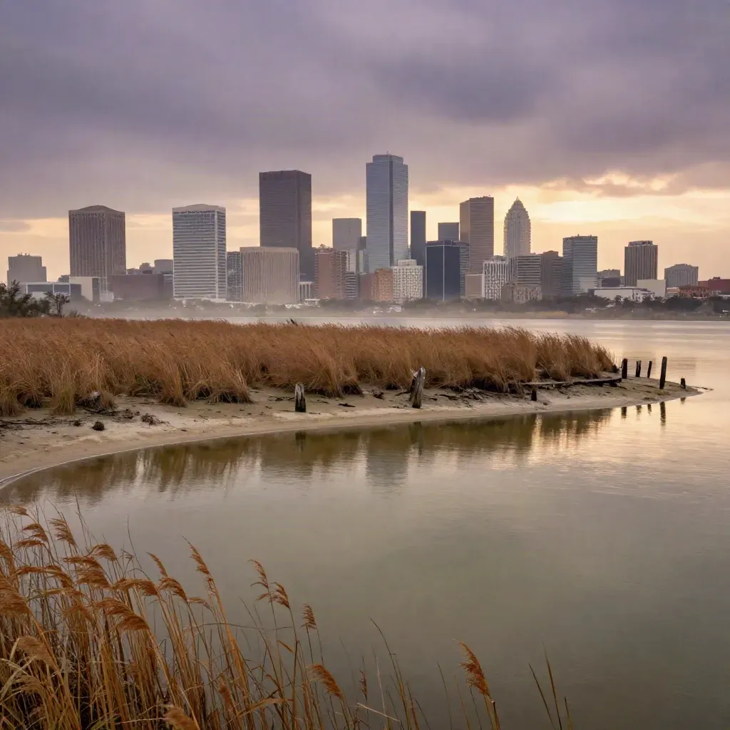 Houston skyline over marsh water at sunset with hazy storm light