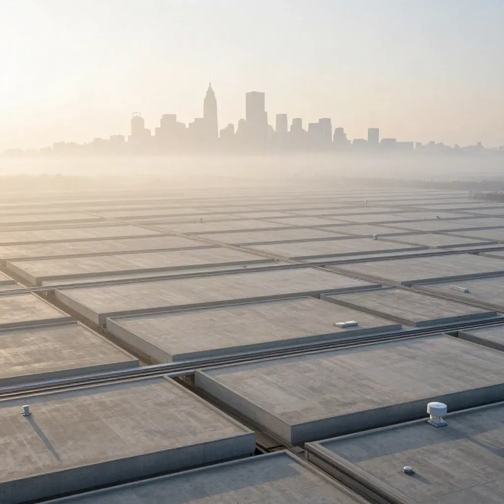 Foggy aerial of pale concrete rooftops and rail lines with skyline haze
