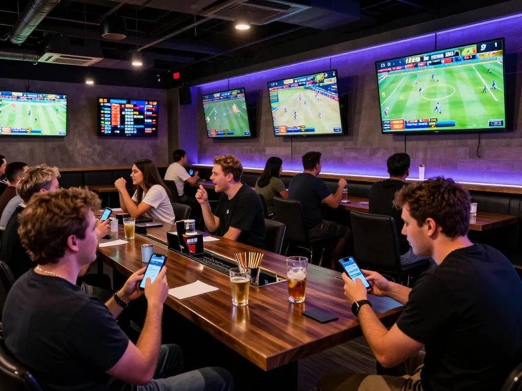 People enjoying sports betting at a lively bar, engaging with siti scommesse esteri apps on their smartphones.