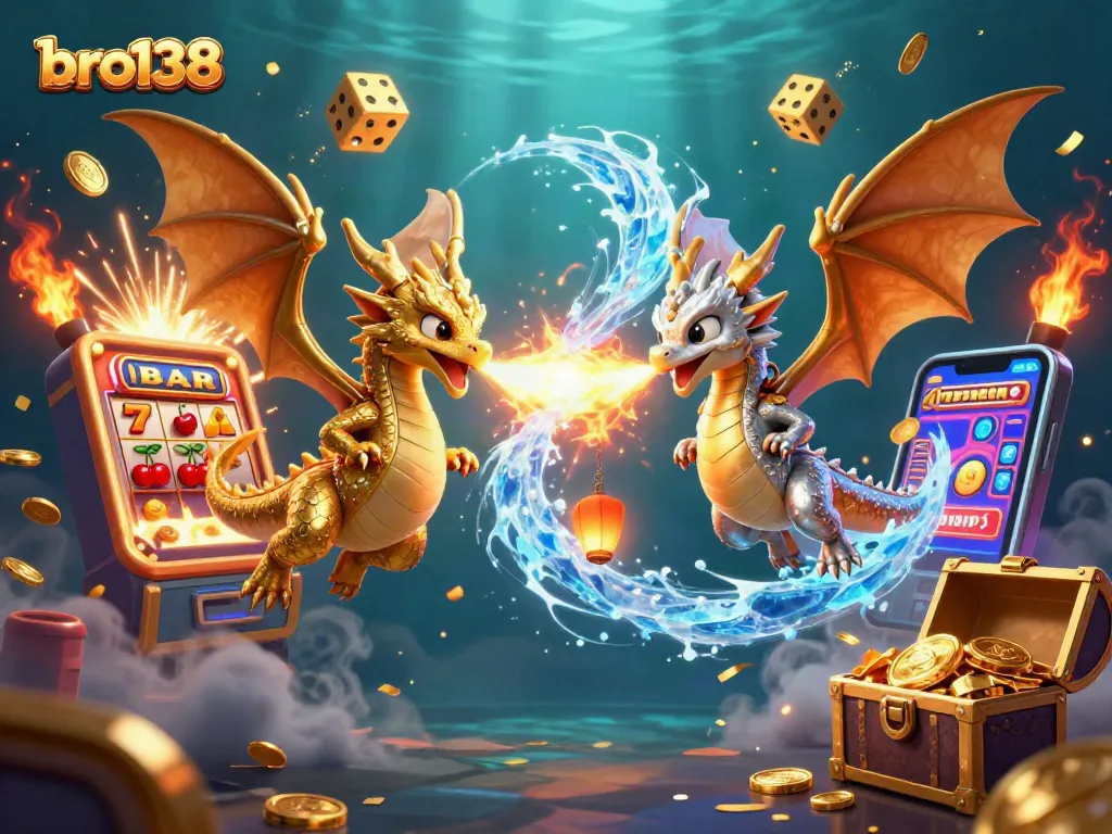 Experience thrilling wins at bro138 with vibrant slot scenes featuring gold and silver dragons.