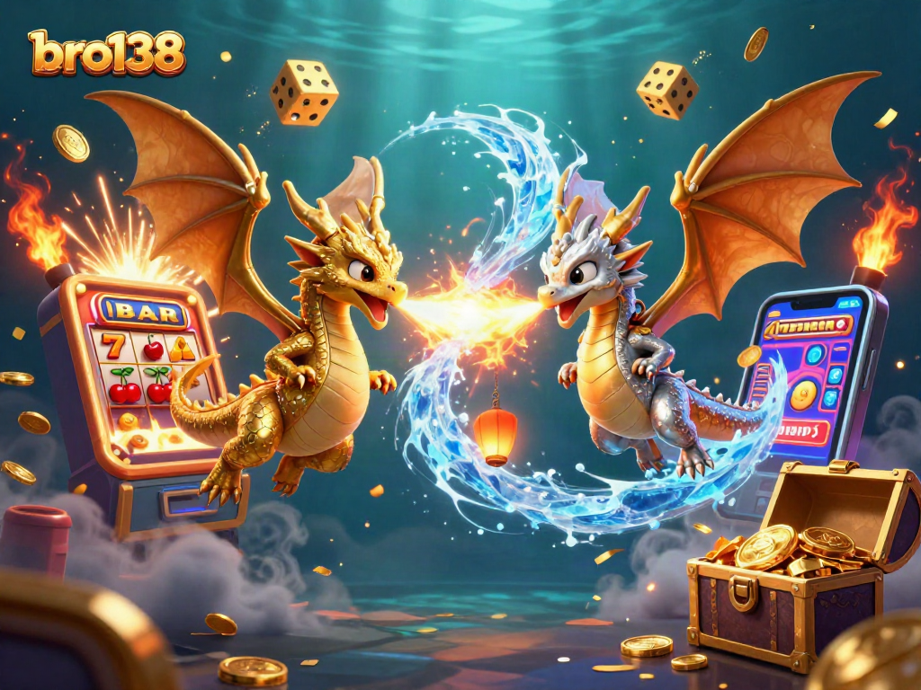 Experience thrilling wins at bro138 with vibrant slot scenes featuring gold and silver dragons.