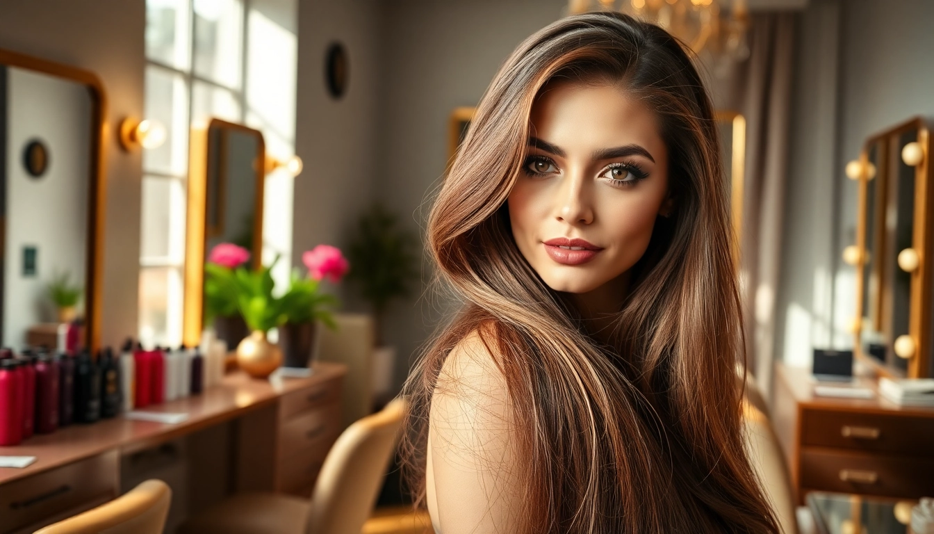 Model flaunting genius weft hair extensions, showcasing texture and elegance in a salon.