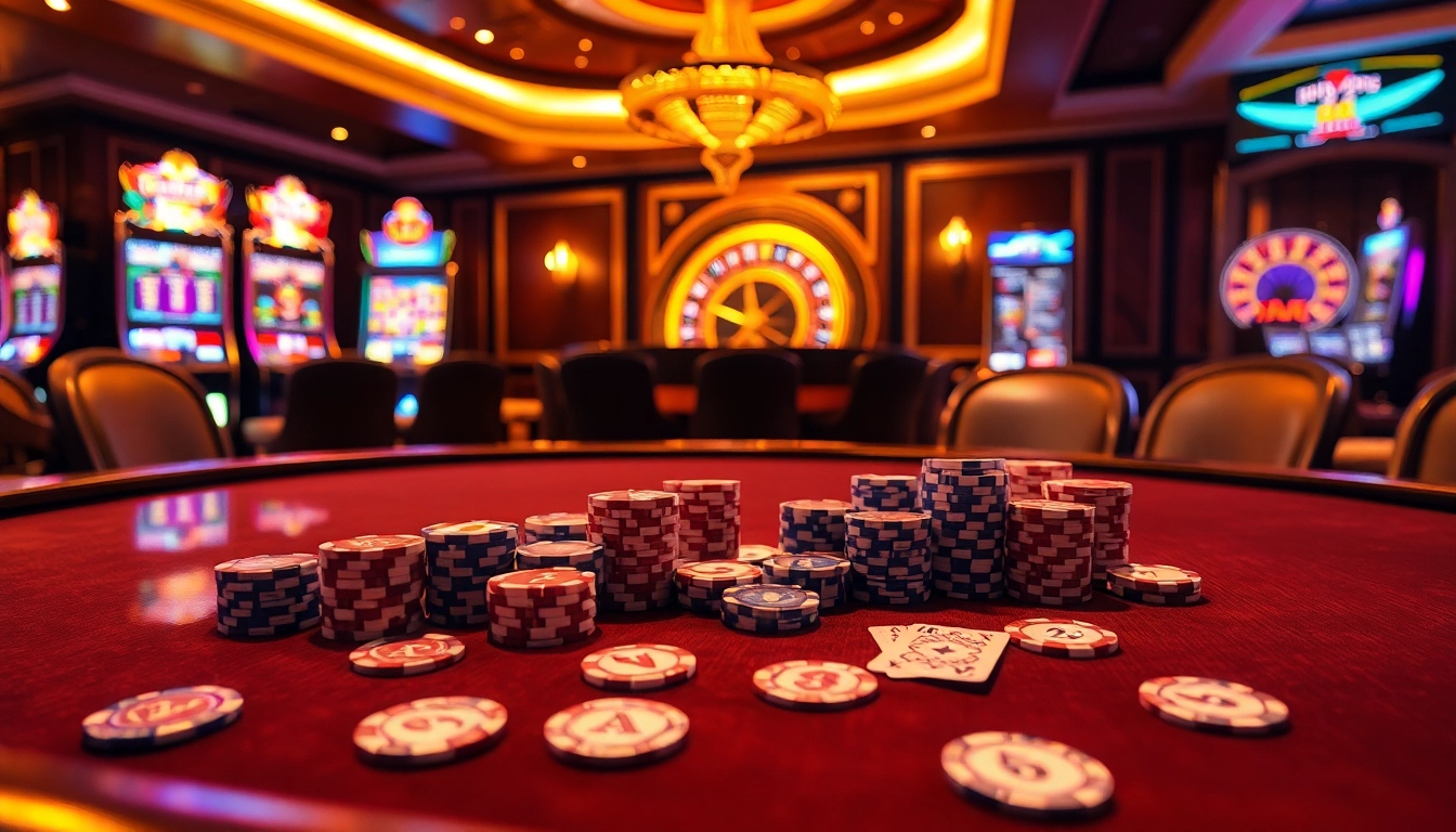 Engage with vibrant poker chips and cards in a luxurious casino scene featuring kpi4d gaming elements.