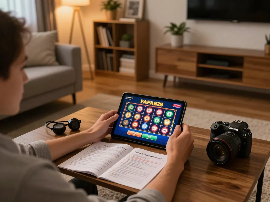 Player enjoying FAFA828 online slots on a tablet in a cozy home environment