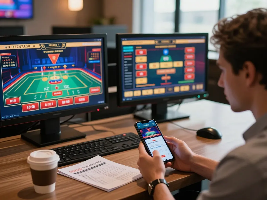 Situs gacor gaming session in a stylish home office with a player focused on online betting strategies.