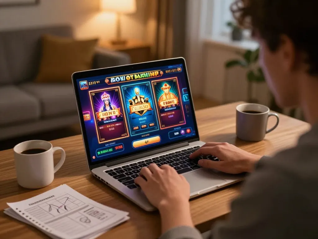 Player enjoying engaging slot thailand game on laptop at home, showcasing colorful graphics and strategic notes.
