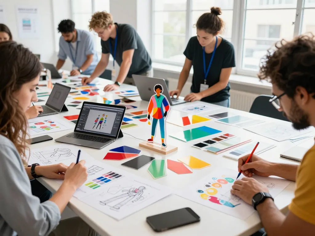 Custom acrylic standee design process with vibrant colors and creative workspace.