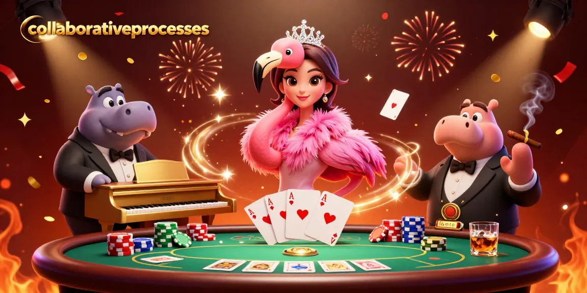 Experience thrilling collaborativeprocesses at the casino with lively characters surrounding poker action