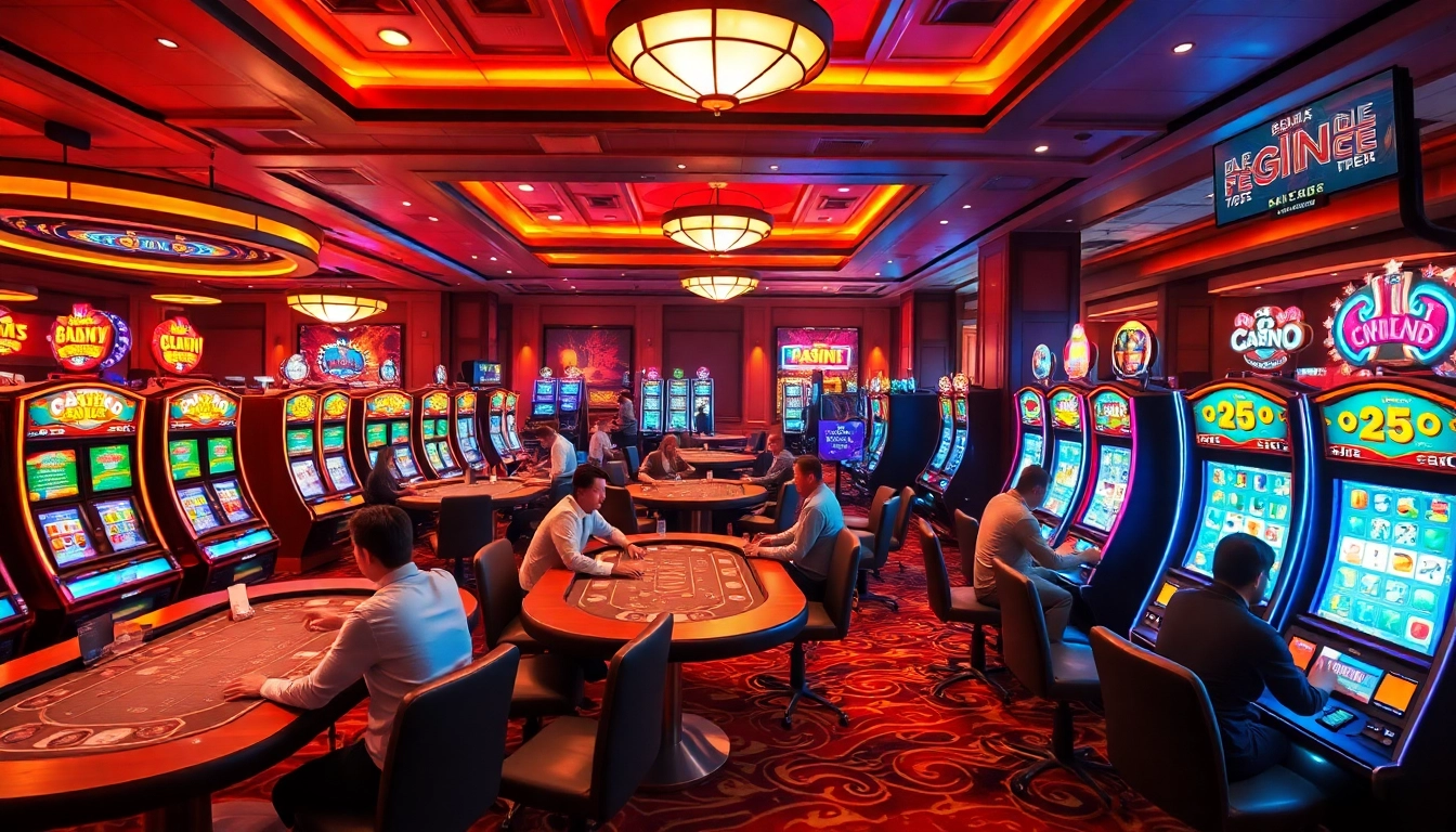Menampilkan pengalaman bbni4d yang menarik di kasino dengan meja permainan dan mesin slot berwarna-warni.
