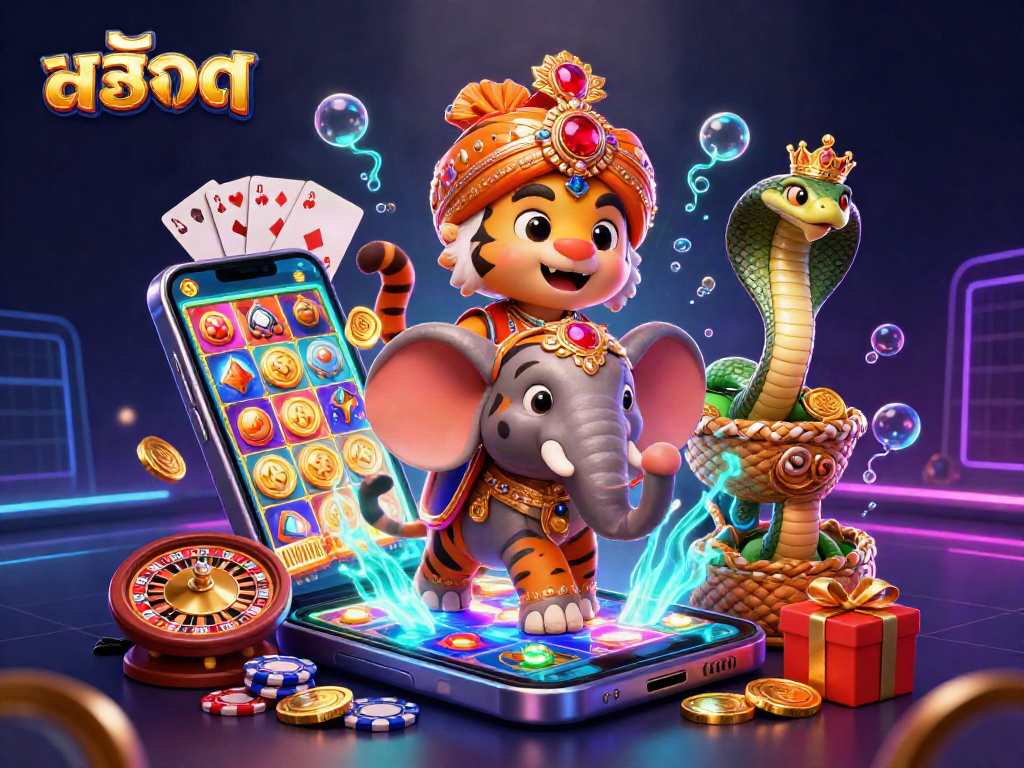 Experience the thrill of สล็อต with lively characters and colorful gaming elements in this vibrant illustration.